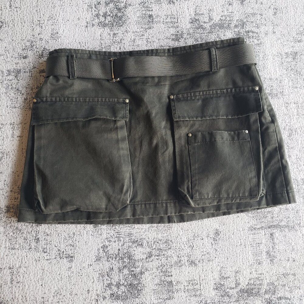 Olive Green Waxed Denim Jean Belted Utility Mini Skirt with Pockets